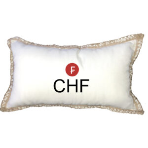 CHF Swiss Franc Poly Canvas Burlap Trim Pillow 13″x22″
