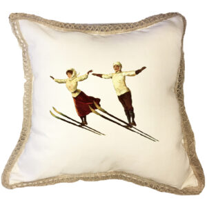 Skiers Couple Burlap Lace Trim Linen Weave Pillows Trim. 18″ x 18″