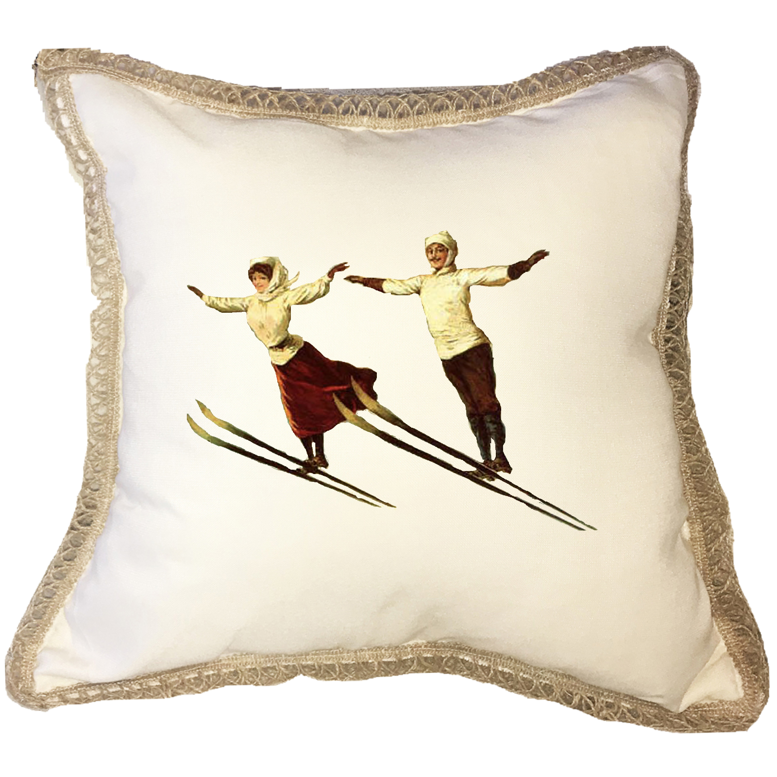 Skiers Couple Burlap Lace Trim Linen Weave Pillows Trim. 18" x 18" - Image 2
