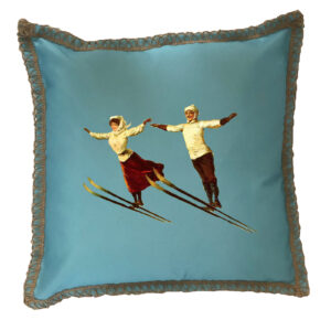 Skiers Couple Burlap Lace Trim Linen Weave Pillows Trim. 18″ x 18″