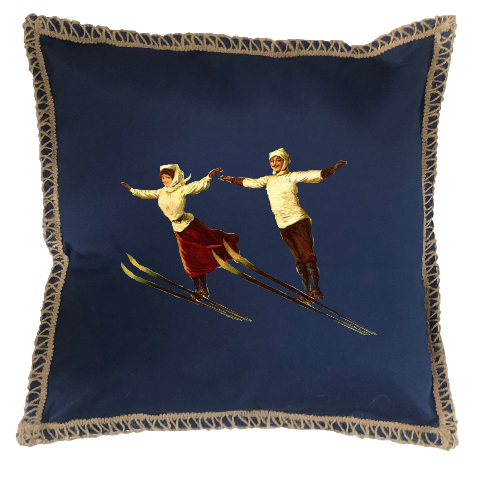 Skiers Couple Burlap Lace Trim Linen Weave Pillows Trim. 18" x 18" - Image 3