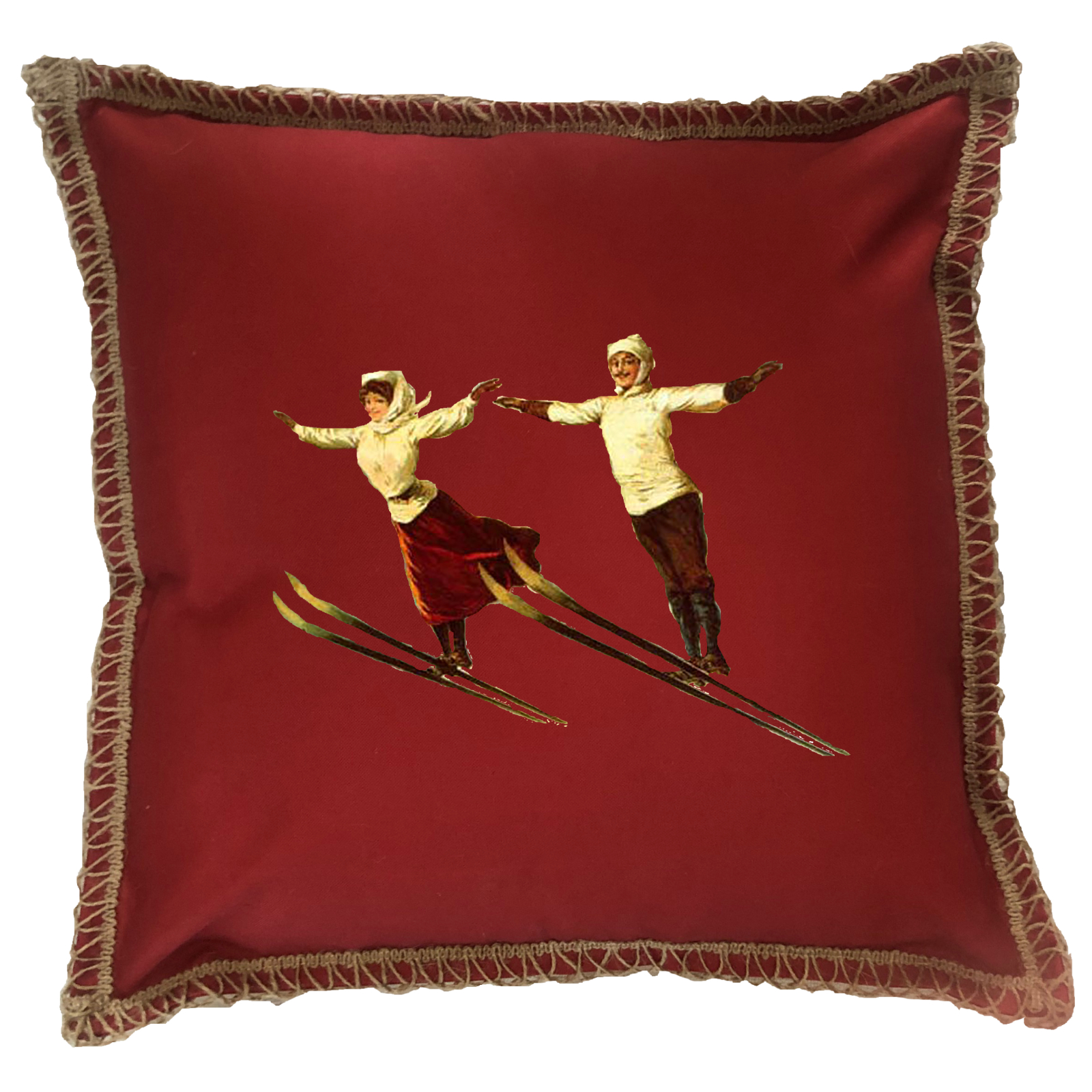 Skiers Couple Burlap Lace Trim Linen Weave Pillows Trim. 18" x 18" - Image 4