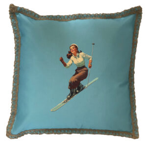 Skier Woman Burlap Lace Trim Linen Weave Pillows Trim. 18″ x 18″