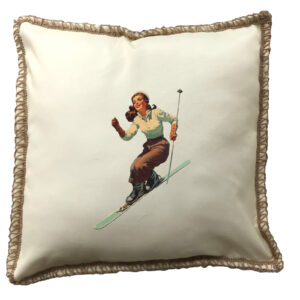 Skier Woman Burlap Lace Trim Linen Weave Pillows Trim. 18″ x 18″