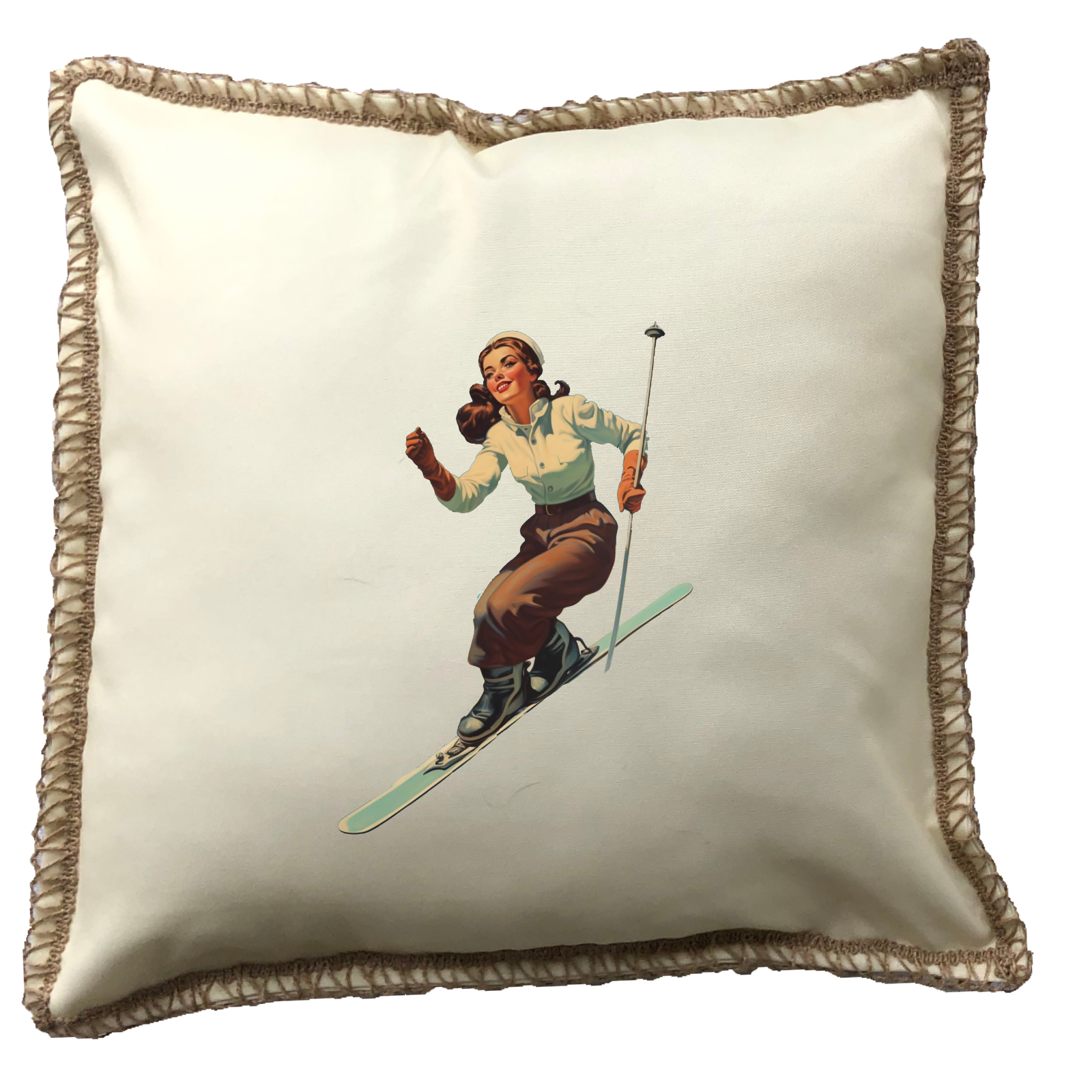 Skier Woman Burlap Lace Trim Linen Weave Pillows Trim. 18" x 18"