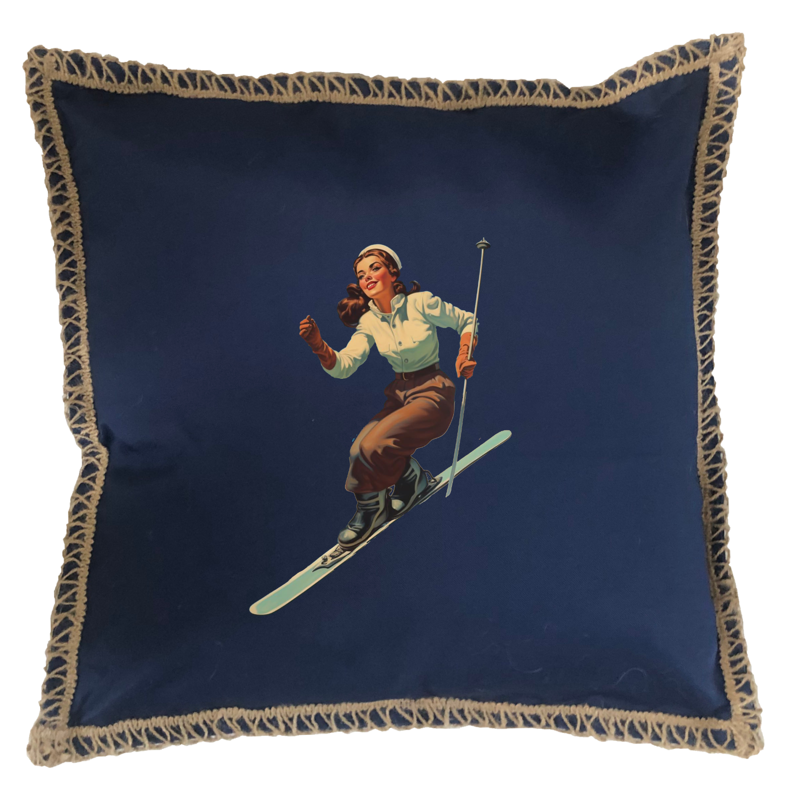 Skier Woman Burlap Lace Trim Linen Weave Pillows Trim. 18" x 18" - Image 3