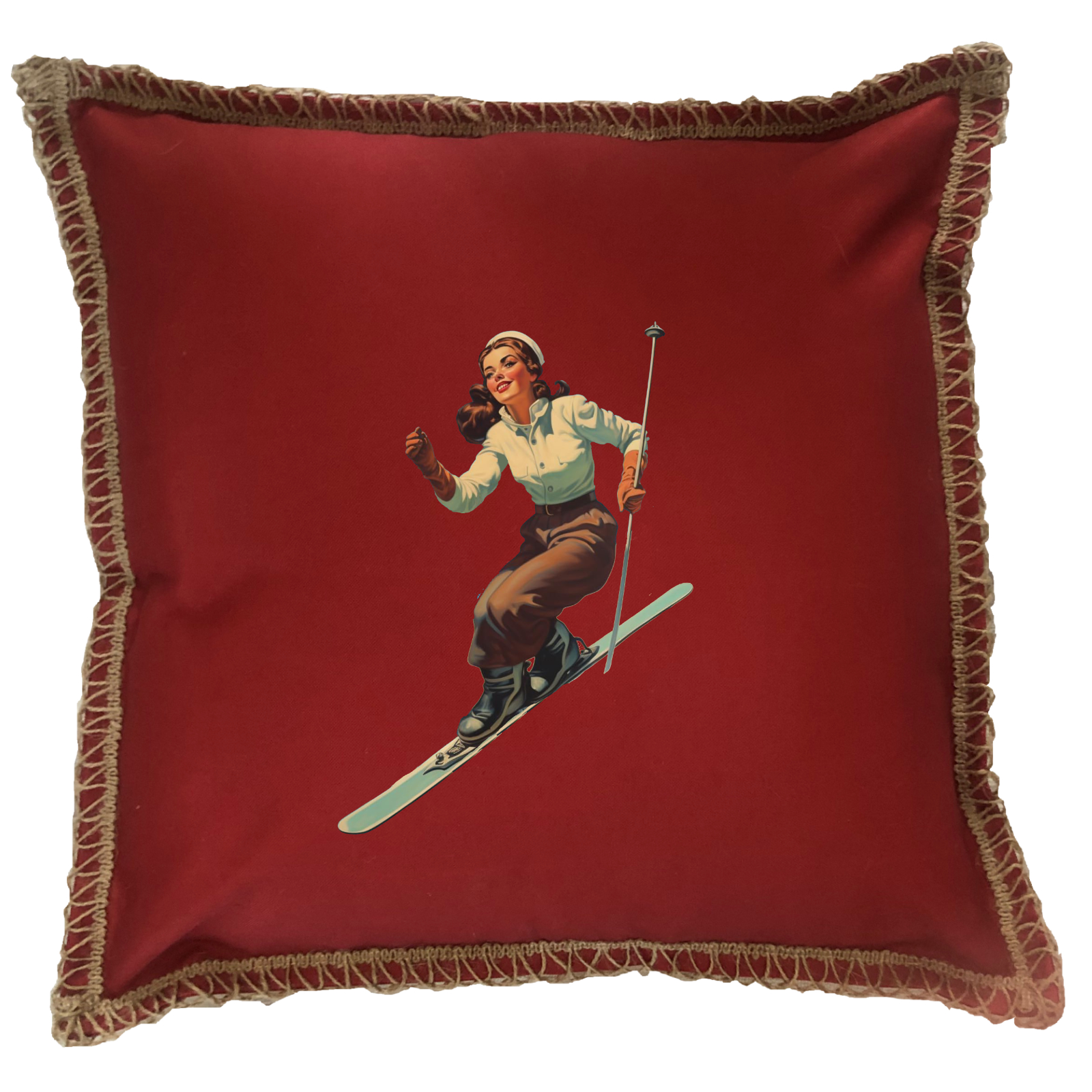 Skier Woman Burlap Lace Trim Linen Weave Pillows Trim. 18" x 18" - Image 4
