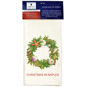 “Christmas In Custom Town Destination Name” Shell Wreath Flour Sack Tea Towels. (Pack of 6)