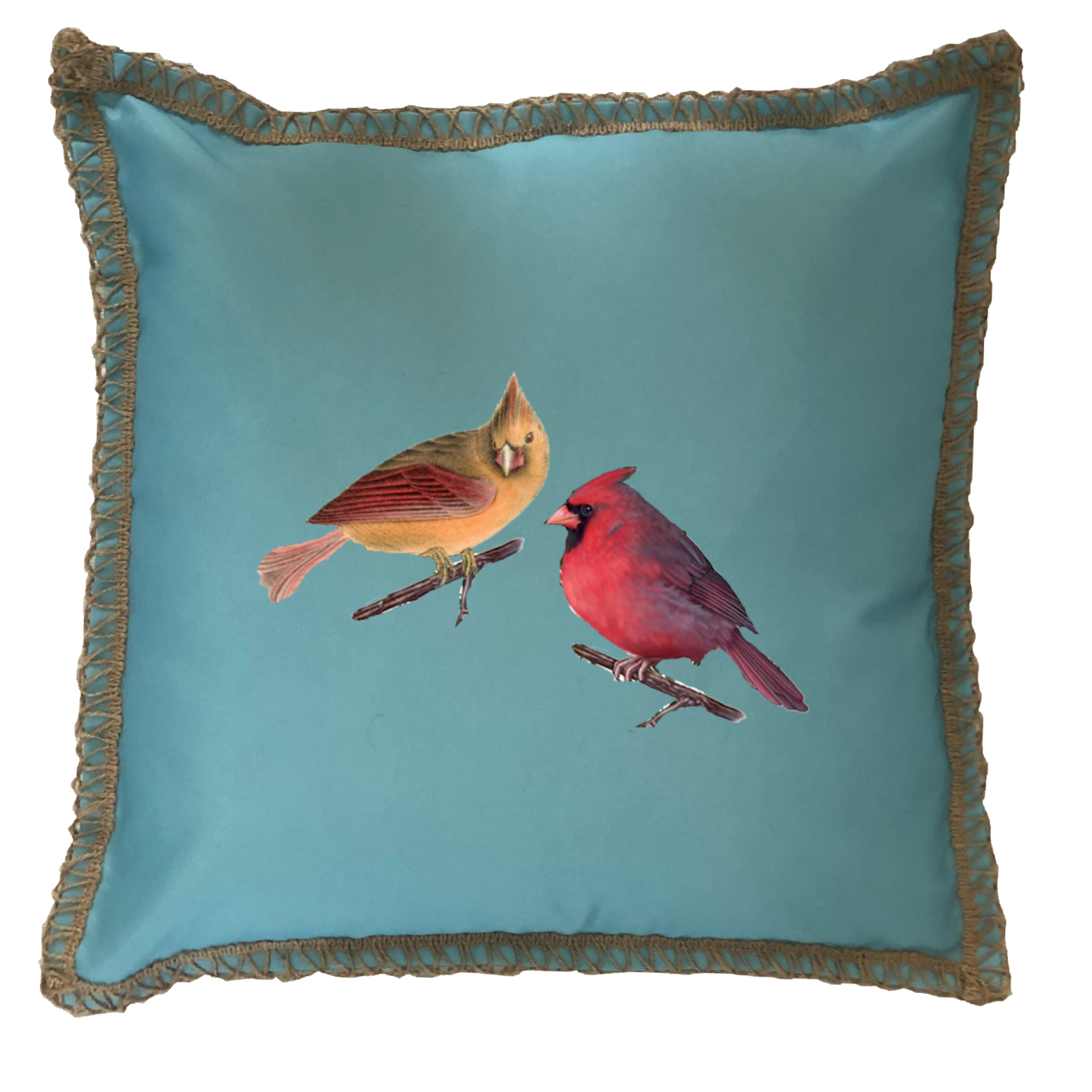 Cardinals Burlap Lace Trim Linen Weave Pillows Trim. 18" x 18"