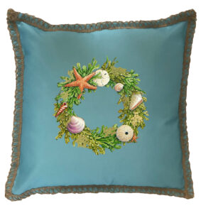 Shell Wreath Burlap Lace Trim Linen Weave Pillows Trim. 18″ x 18″