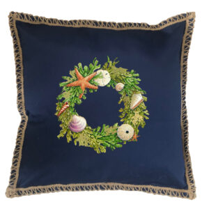 Shell Wreath Burlap Lace Trim Linen Weave Pillows Trim. 18″ x 18″