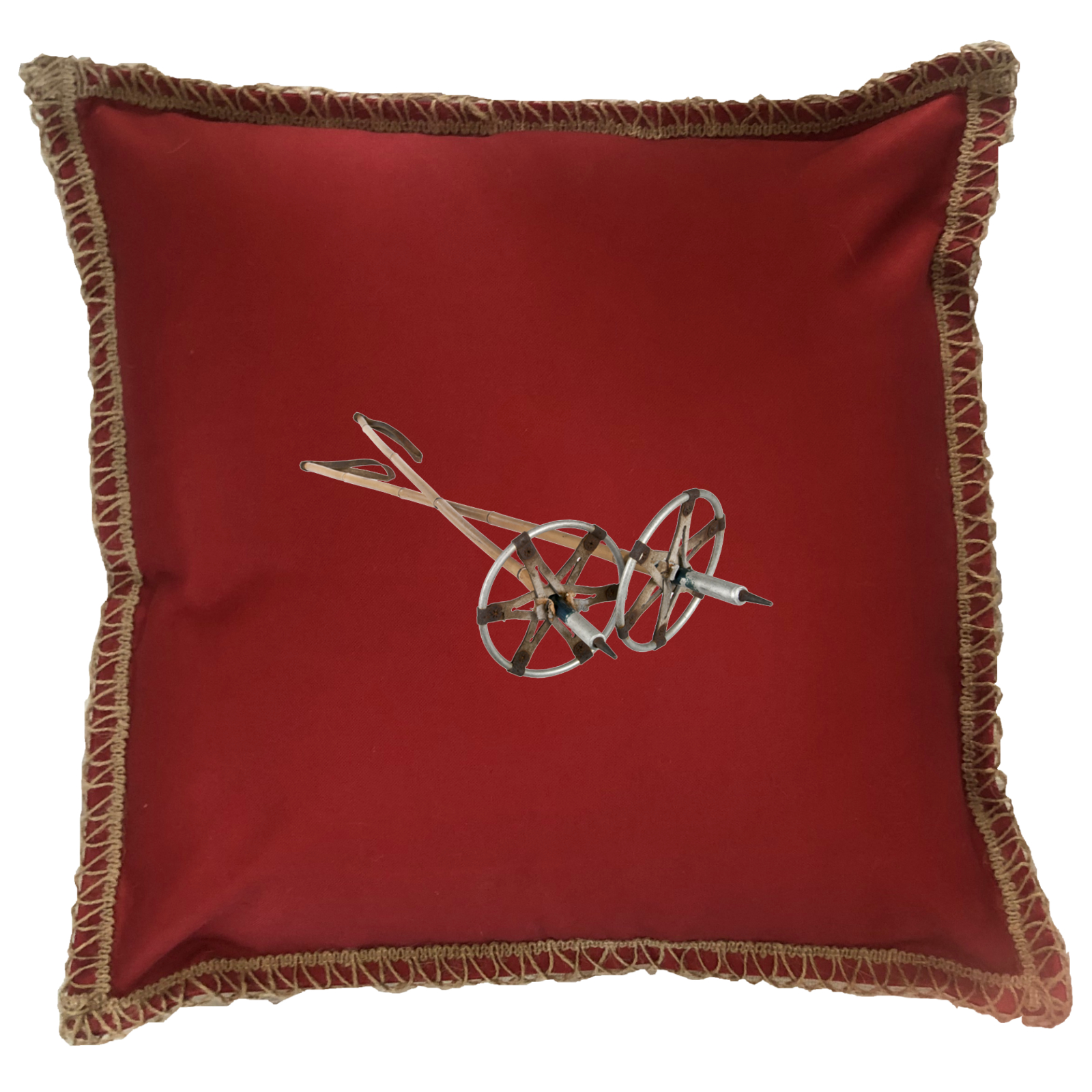 Vintage Ski Poles Lace Trim Linen Weave Pillows Trim. 18" x 18" - Image 4