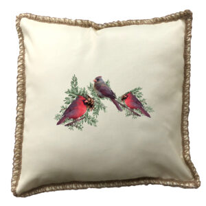 Winter Cardinals Burlap Lace Trim Linen Weave Pillows Trim. 18″ x 18″