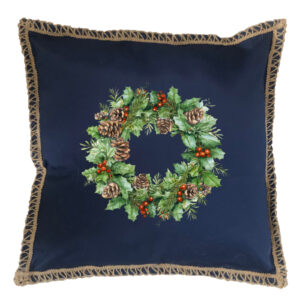 Christmas Wreath Burlap Lace Trim Linen Weave Pillows Trim. 18″ x 18″