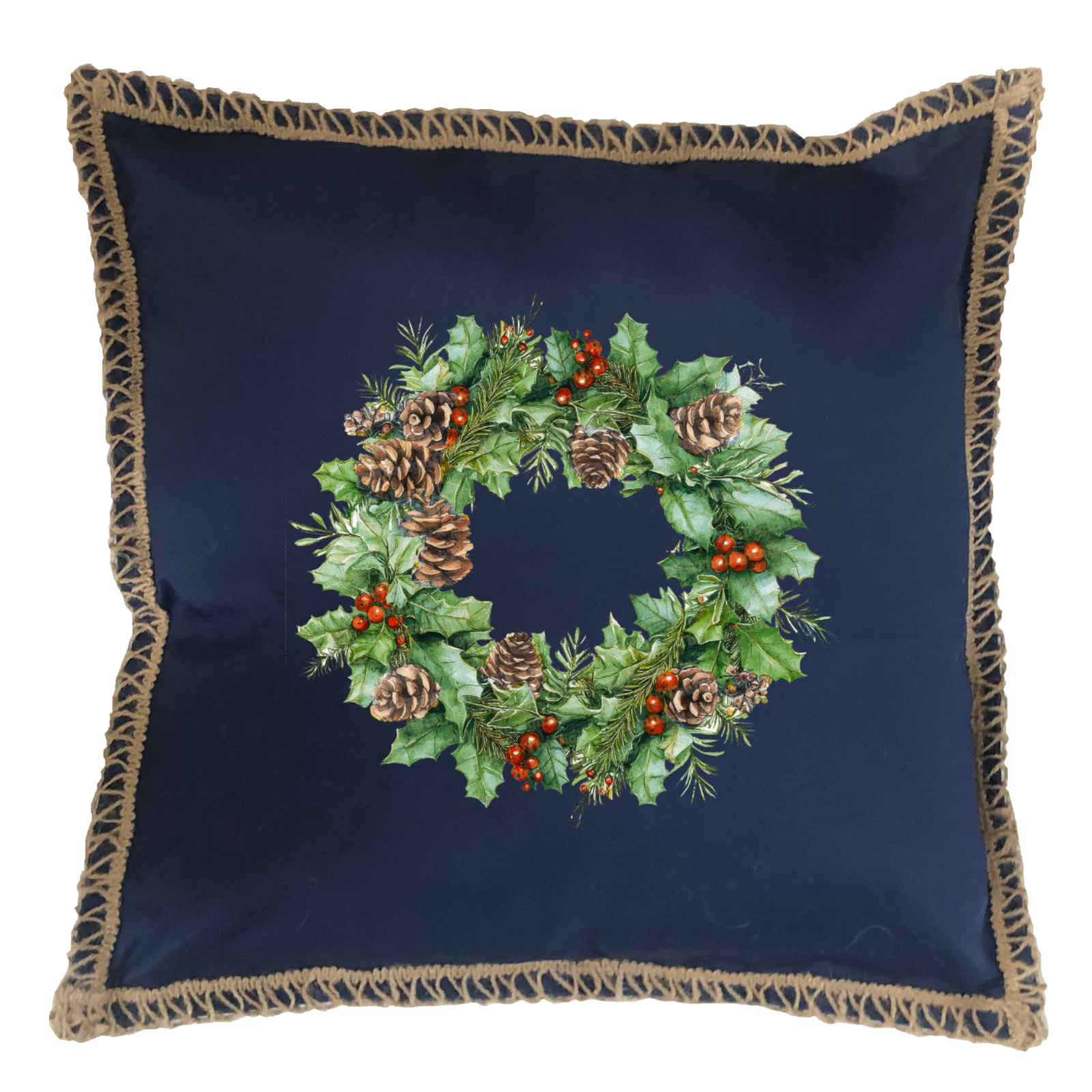 Christmas Wreath Burlap Lace Trim Linen Weave Pillows Trim. 18" x 18"