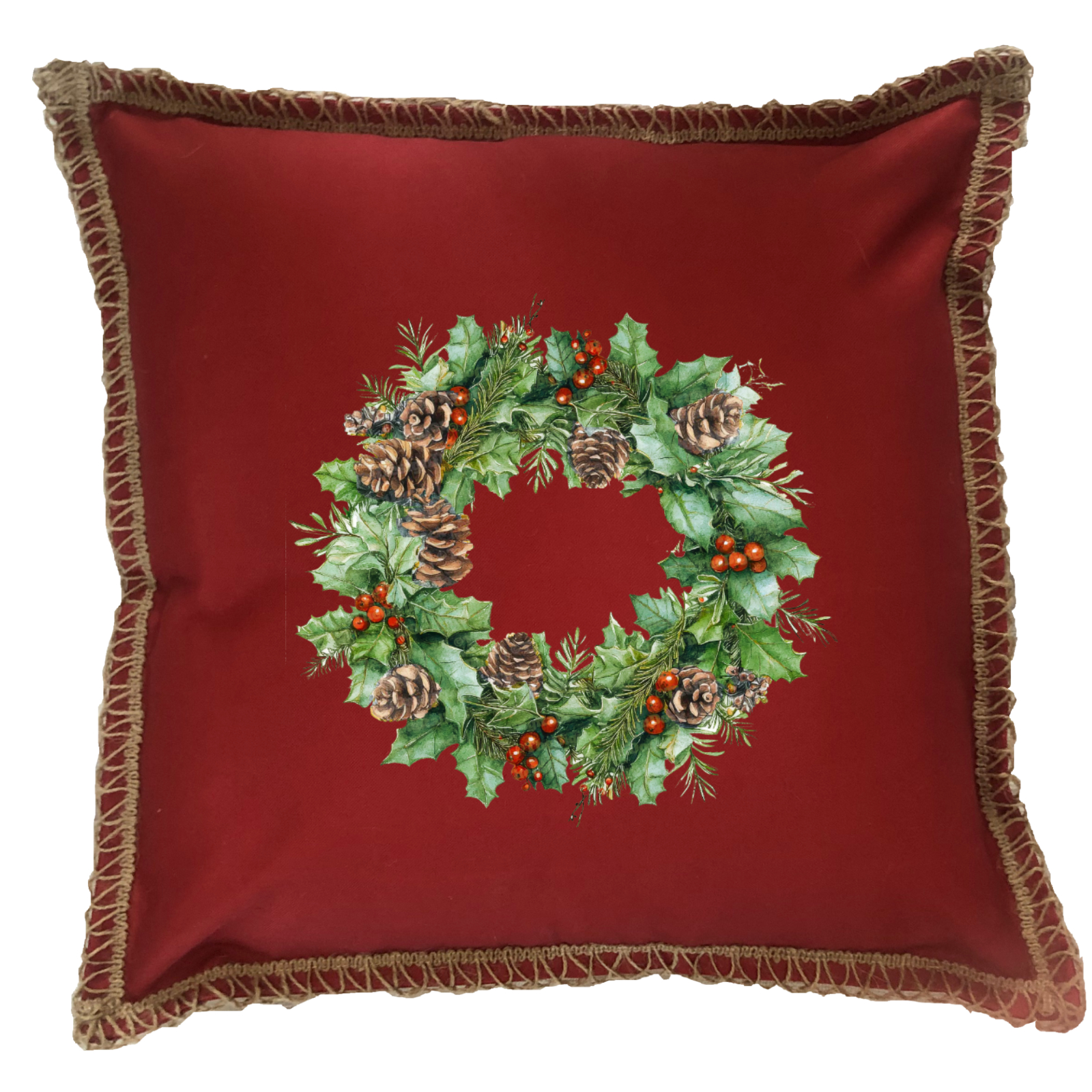 Christmas Wreath Burlap Lace Trim Linen Weave Pillows Trim. 18" x 18" - Image 3