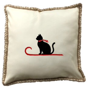 Sleigh Cat Burlap Lace Trim Linen Weave Pillows Trim. 18″ x 18″